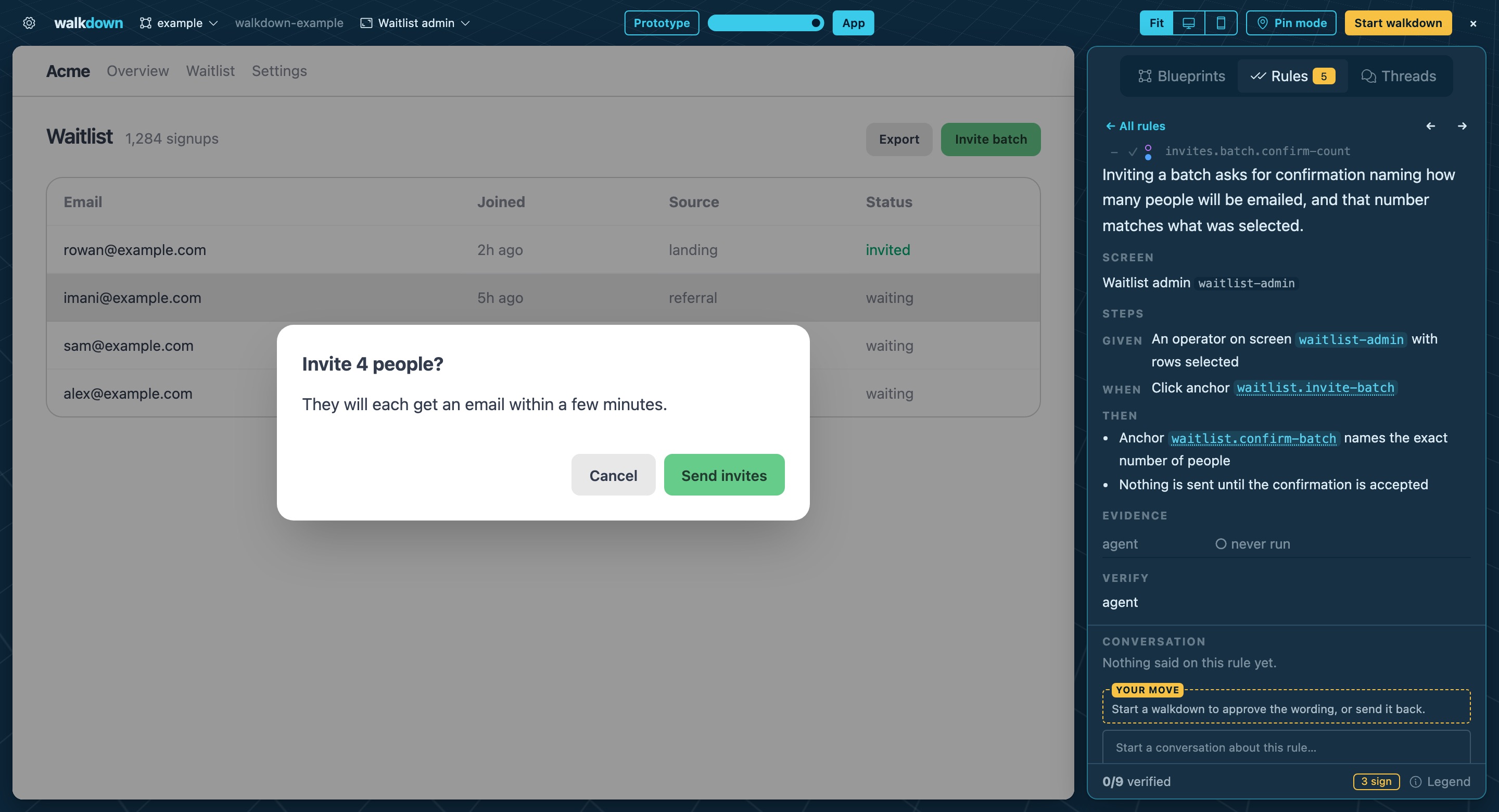 Walkdown beside a running waitlist app: an Invite 4 people confirmation and the exact acceptance rule in the review panel.